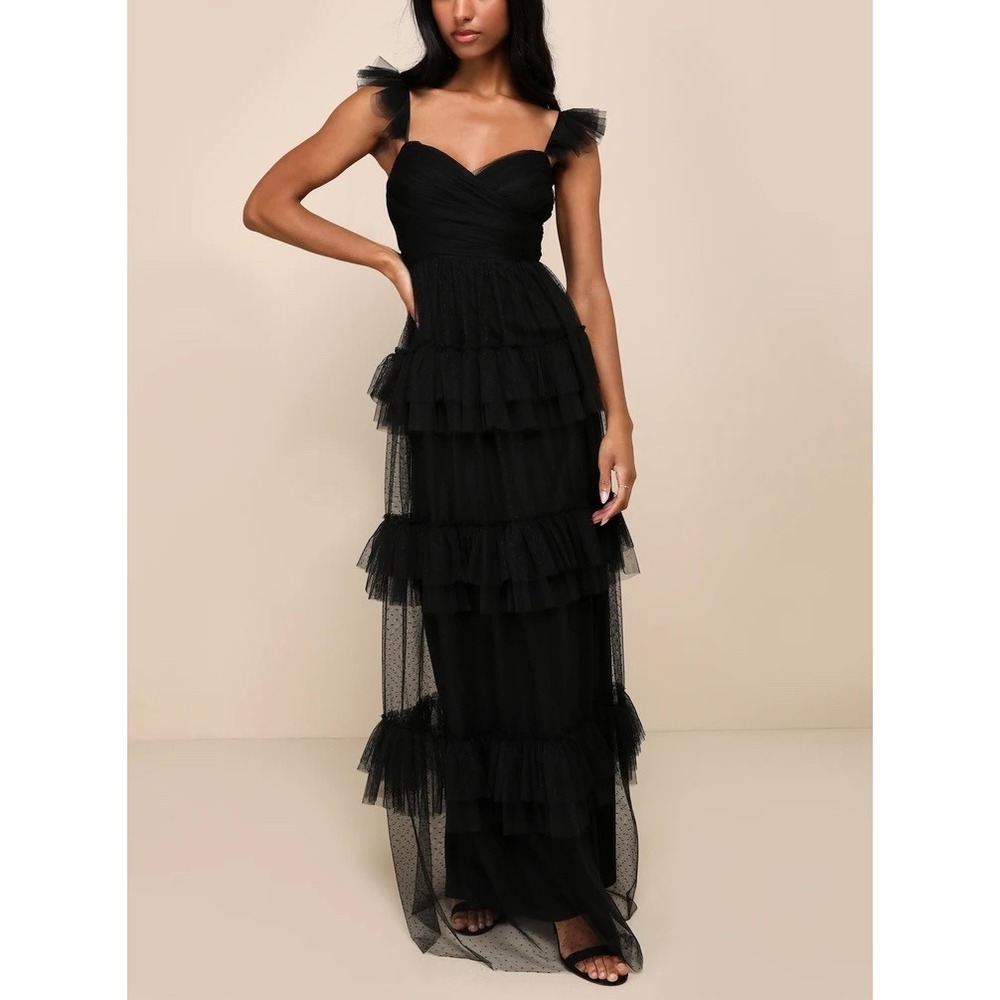 Lulus Women Maxi Dress XL Black Excellent Tulle Tiered Swiss Dot Gala Wedding